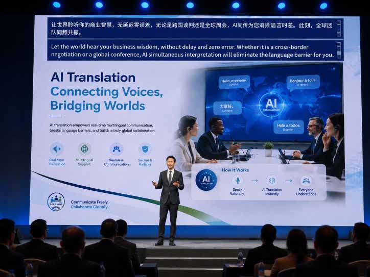 Speaker presenting AI translation on stage at an event