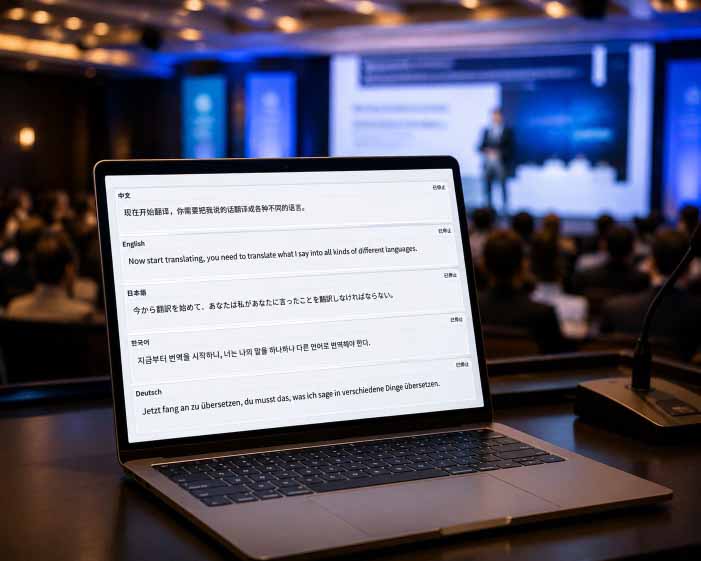 Laptop showing real-time multilingual translation at a conference